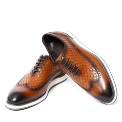 Men's Natural Genuine Leather Sneaker Shoes Classic European Style Snake Print Flat Oxfords Casual Fashion Party Social Shoes