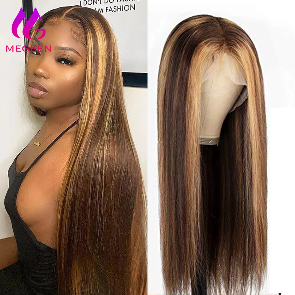 Megeen 100% Human Hair Highlight P427 Colored Straight 13X4 Lace Front Wig Human Hair  Lace Front Wig Pre Plucked Honey Blonde