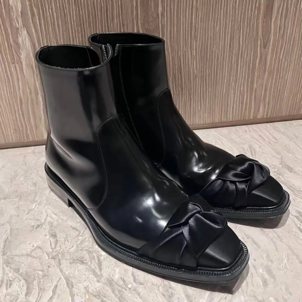 

Black High-top Shoes Genuine Leather Western Chelsea Boots for Men Mid-calf Square Toe Satin Straps British Short Boots Bowknot