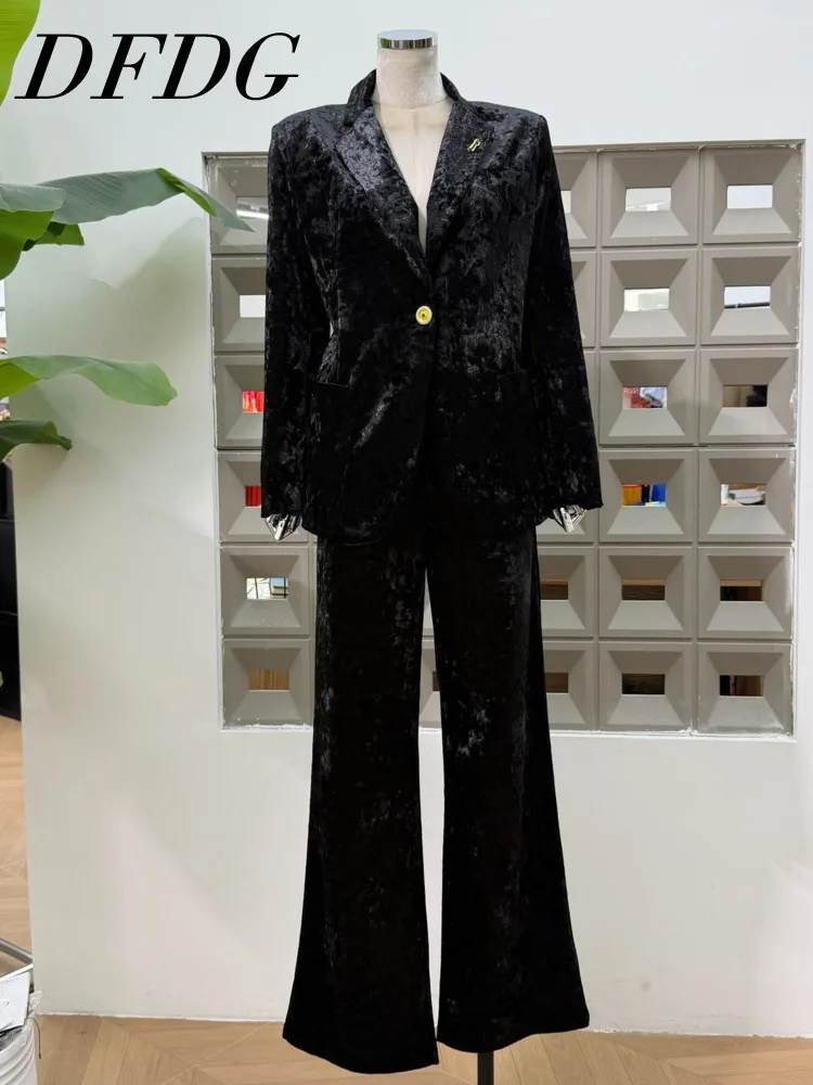 

DFDG Women’s 2025 Autumn Spring Fashion One Button Blazer Straight Leg Pants Suit Set Elegant Banquet Office Work Formal Set