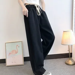 New large casual women's jeans fashion pocket straight loose solid elastic waist thick floor pants