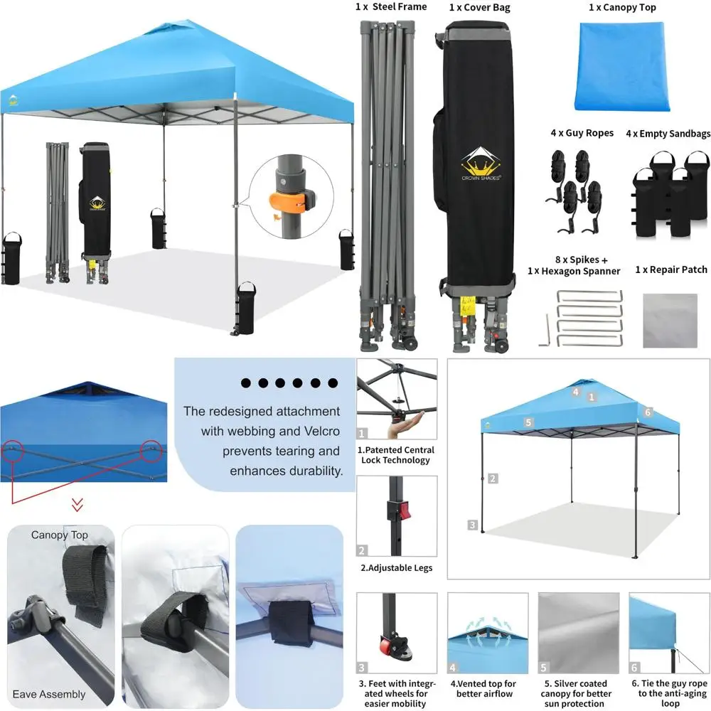 

Adjustable Height 10x10 Pop Up Canopy - One Push Setup Beach Tent - Easy Outdoor Sun Shade for Events