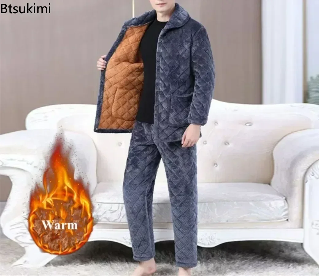 Winter New Men\'s Three-layer Thickened Pajama Set Cozy Coral Fleece Warm Home Cotton-padded Two Pieces Men Lounge Sleepwear Suit