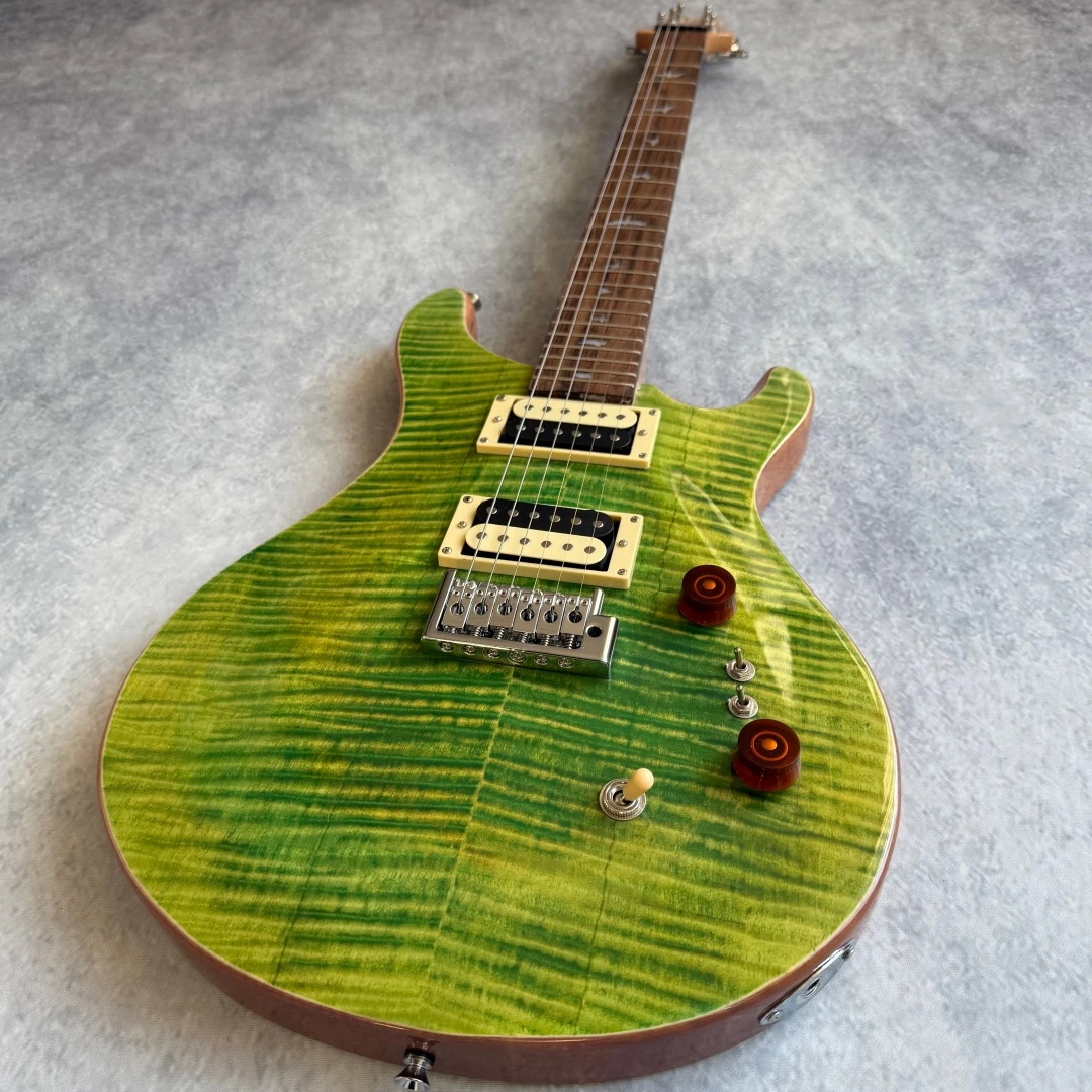 Solid Electric Guitar, Green Tiger Flame Maple Top, HH Humbucker Pickups, Fixed Bridge, 6 String Electric Guitar for Rock & Meta