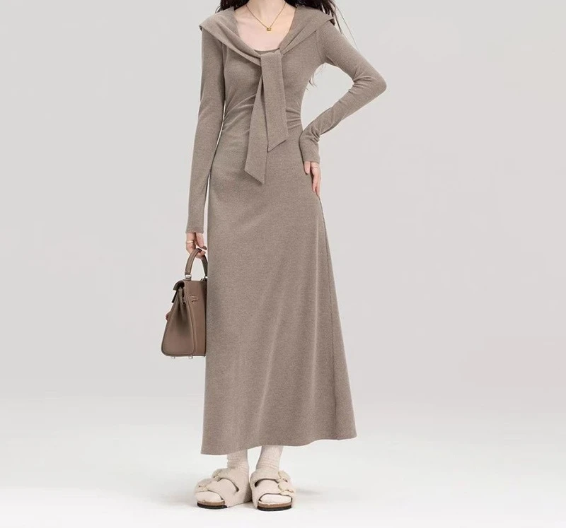 

2025 Lazy Style Long Sleeve Dress for Women's Spring and Autumn New Collection Waist Pack Hip Long Skirt