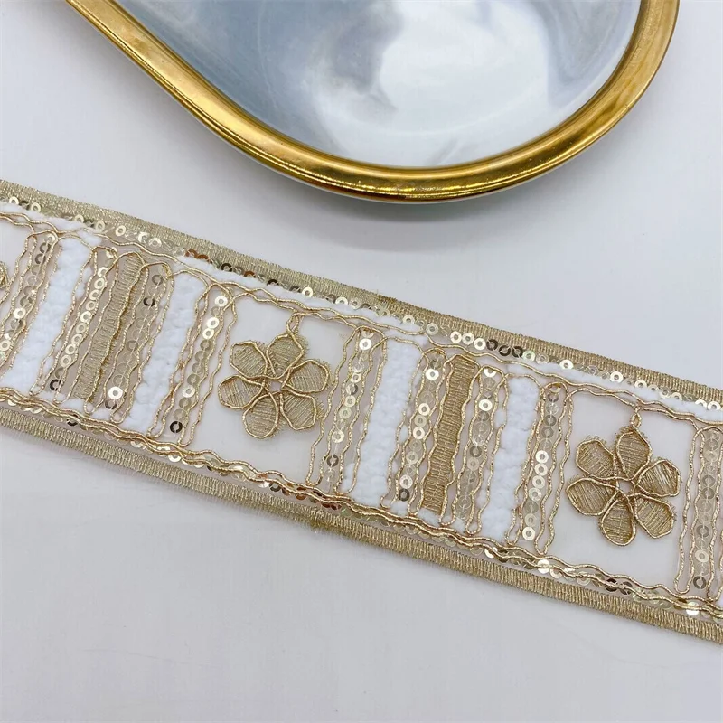 1 Yards Embroidered Lace Appliques Sequined Lace Ribbon Sewing Apparel Trims Fabric DIY Materail Accessories