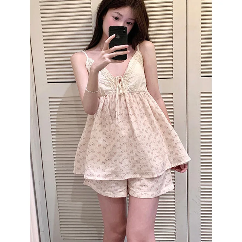 Sexy Pajamas Women's Bubble Cotton Fabric Princess Style Pajamas With Chest Pads And Straps Pajama Set