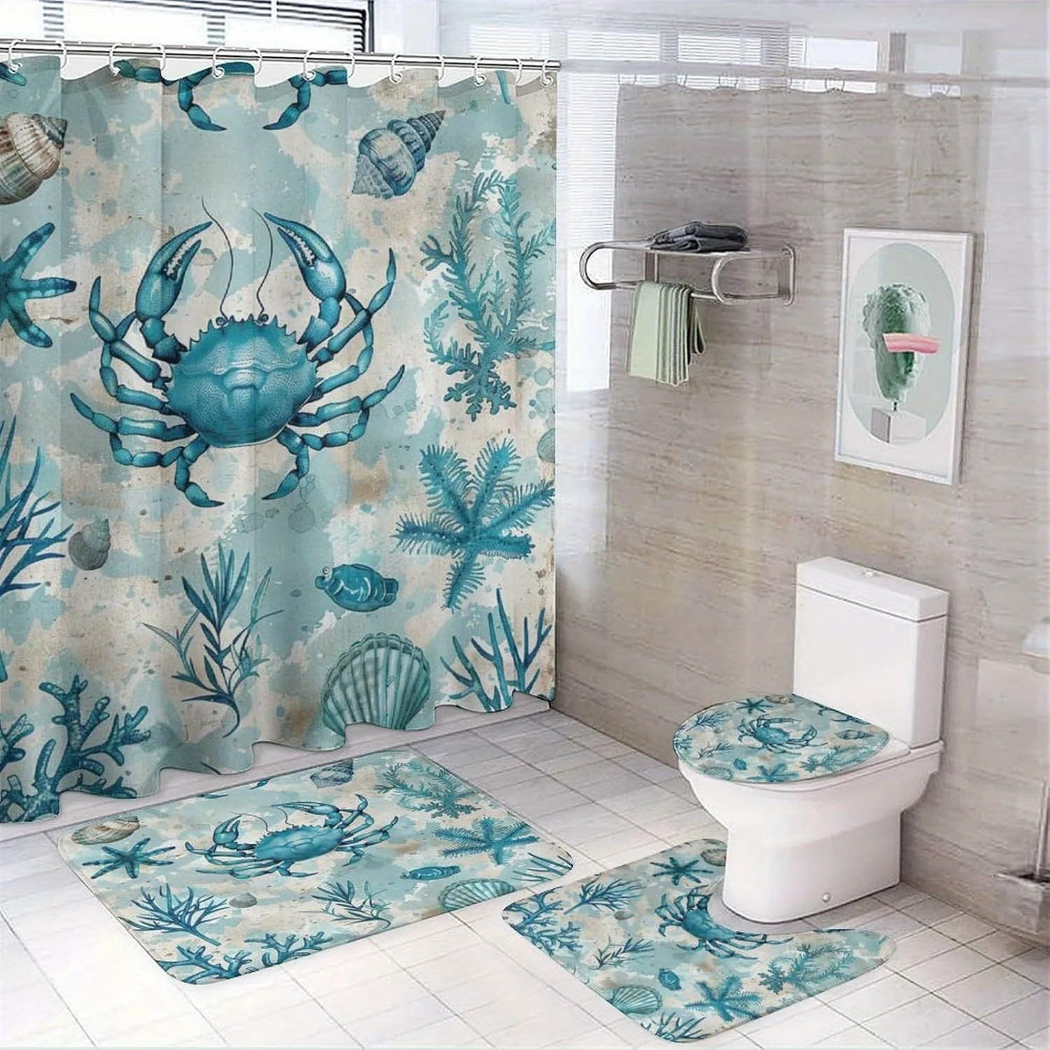 

4 шт., синий коралловый узор краба, машинная стирка, полиэфирная ткань, занавеска для душа, коврик для унитаза, нескользящий коврик, U-образный коврик