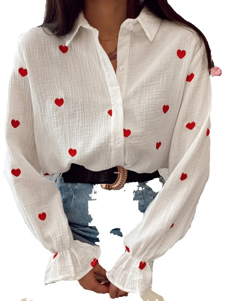 Woman Blouse 2023 New Casual Collar Blouses Women Elegant Long Sleeve Shirts with hearts Red blouse Heart  Tops