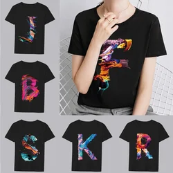 Basic T-shirt Women's Clothing Black Casual Top Paint 26 Letter Pattern Print Slim Commuter Lady Round Neck Soft Short Sleeve