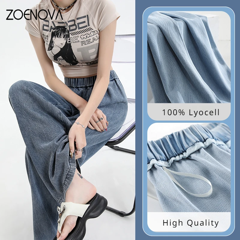 ZOENOVA Summer Y2K Lyocell Women\'s Jeans High Waist Straight Fashion Denim Pants Streetwear Casual Female Wide Leg Denim Trouser