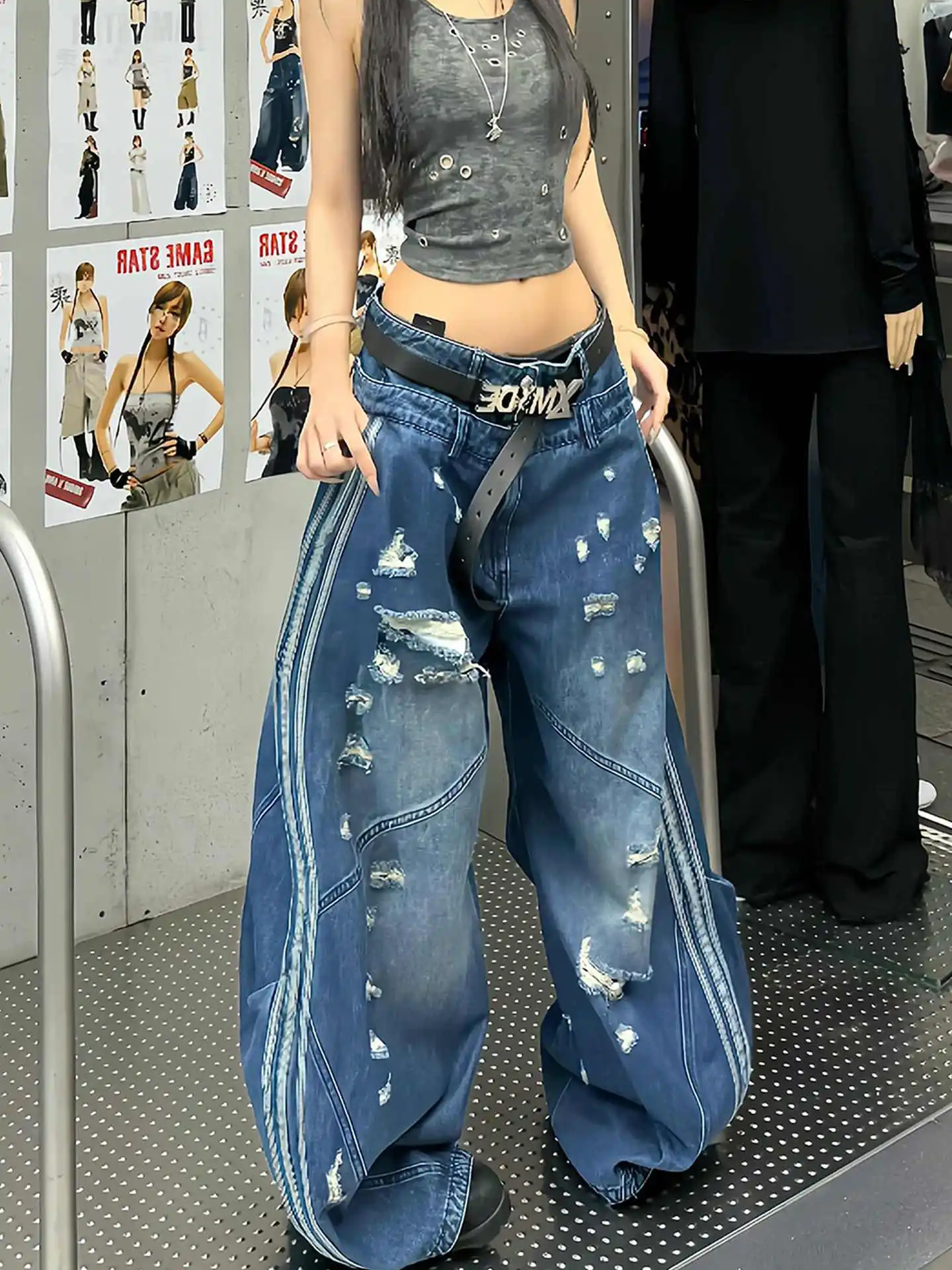 

Женские винтажные синие рваные джинсы с высокой талией в стиле хип-хоп, прямые мешковатые джинсовые брюки, уличная одежда, широкие брюки в американском стиле ретро Y2K