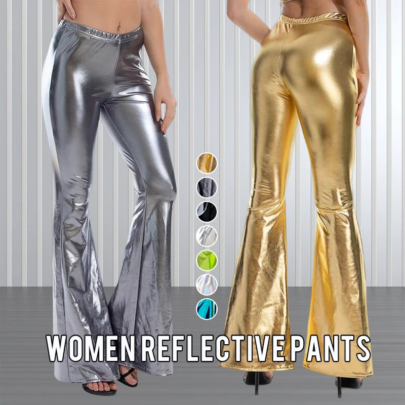 Pantalon métallique en cuir PU pour femmes, Sexy, évasé holographique brillant, taille élastique, évasé, Performance de danse, Clubwear