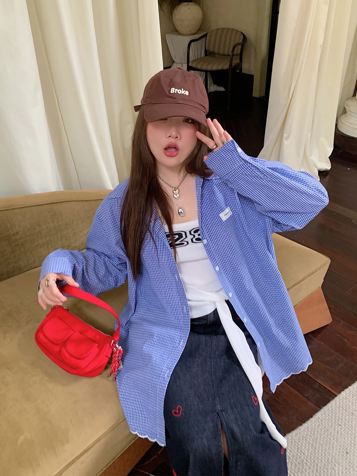 

Синяя клетчатая рубашка с вышивкой, женская, свободного кроя, из хлопка, с длинным рукавом, повседневная, влагоотводящая, осенняя, модная, больших размеров, топ