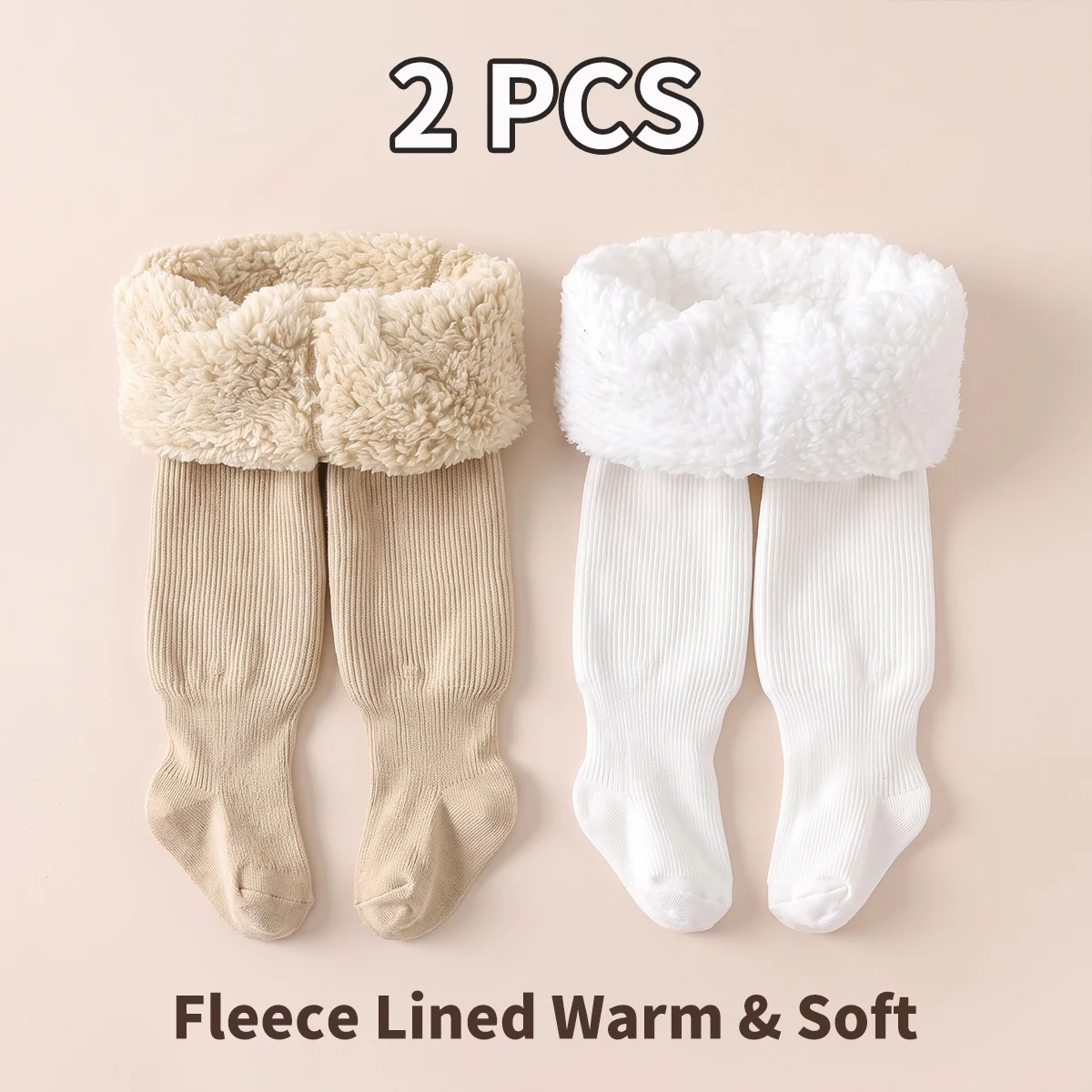 2PCS Little Girls Winter Warm Tights, Solid Vertical Rib Fleece Lined Pantyhose, Elastic Waist Kids Stockings