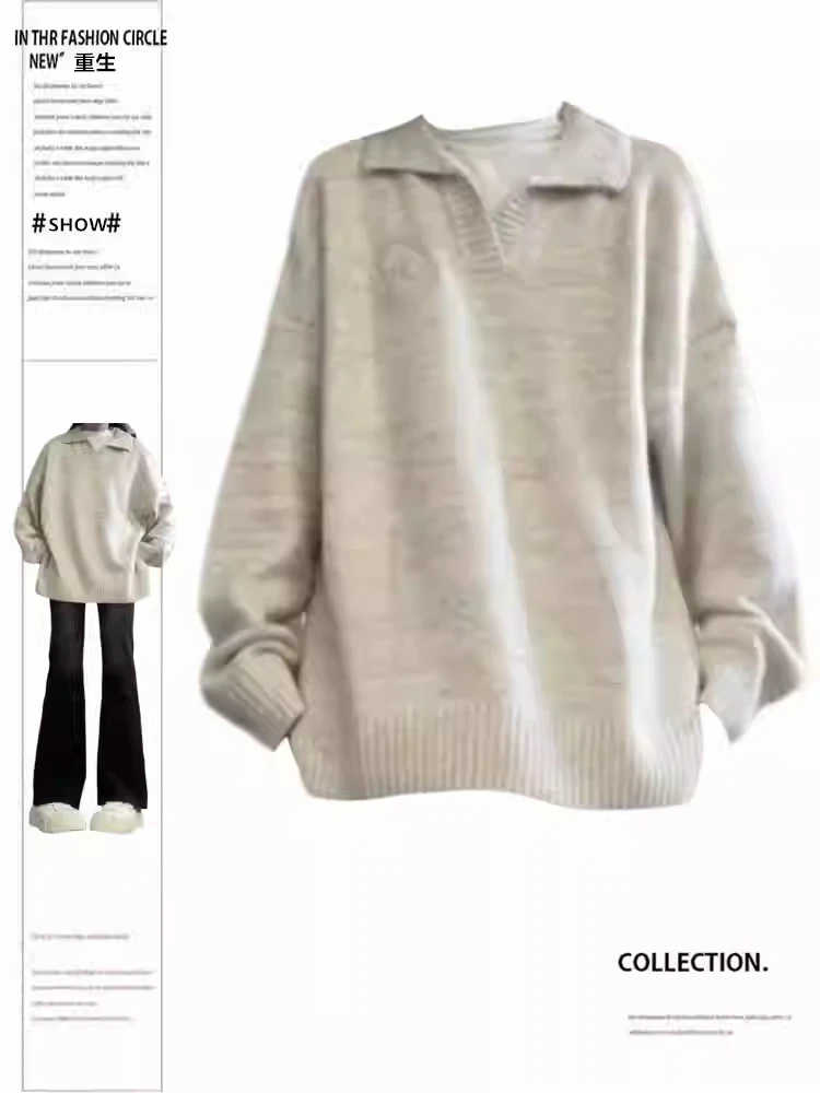 

Women Light Grey Polo-Neck Knit Sweater Vintage 2000s Y2k Preppy Style Oversize Jumper Knitwear Long Sleeves Sweater Autumn 2025