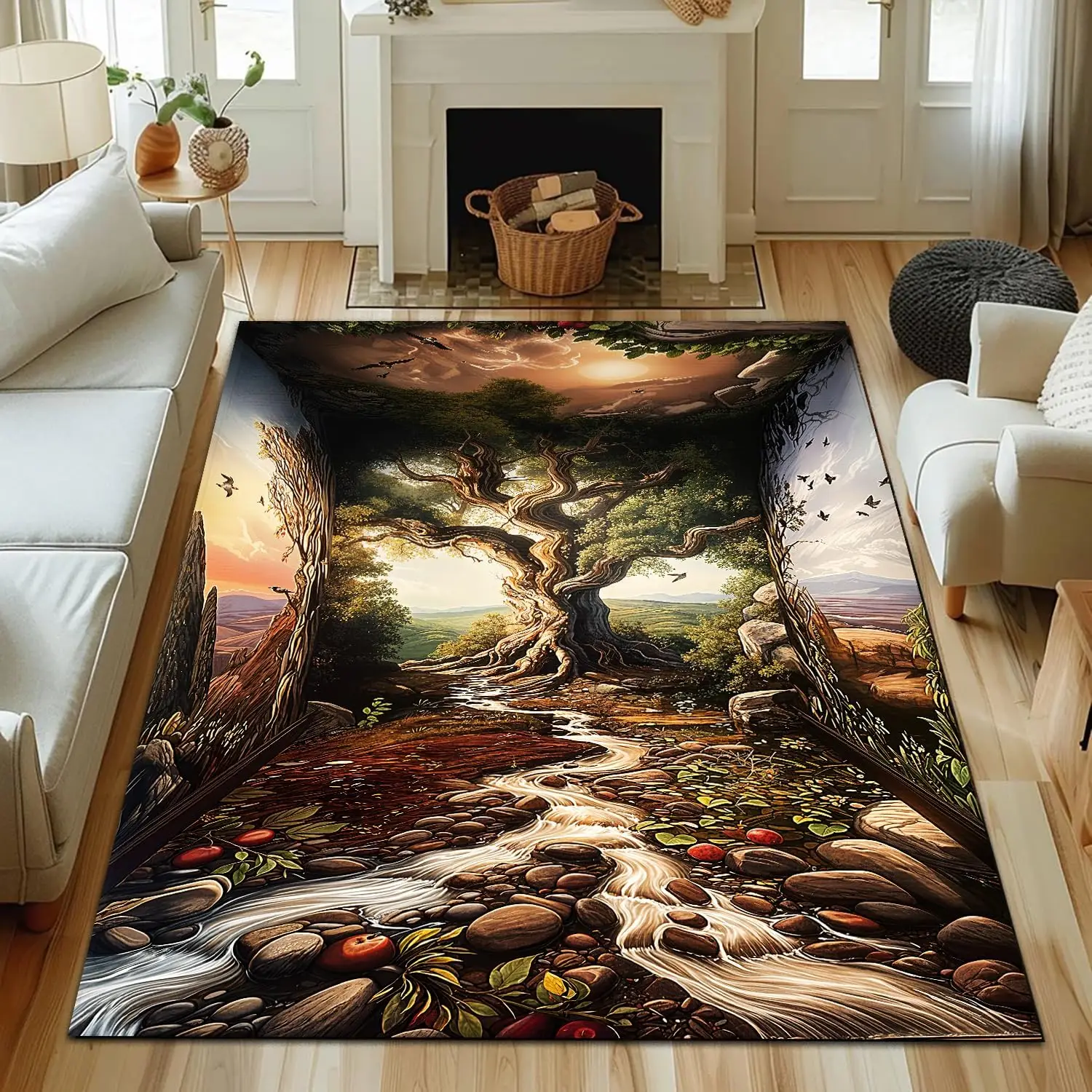 3D Ancient Tree Creek Sunset Mountain LandscapeCarpet Mat Bedroom Living Room Tea Table Foot Mat Home Living Room Decoration Rug