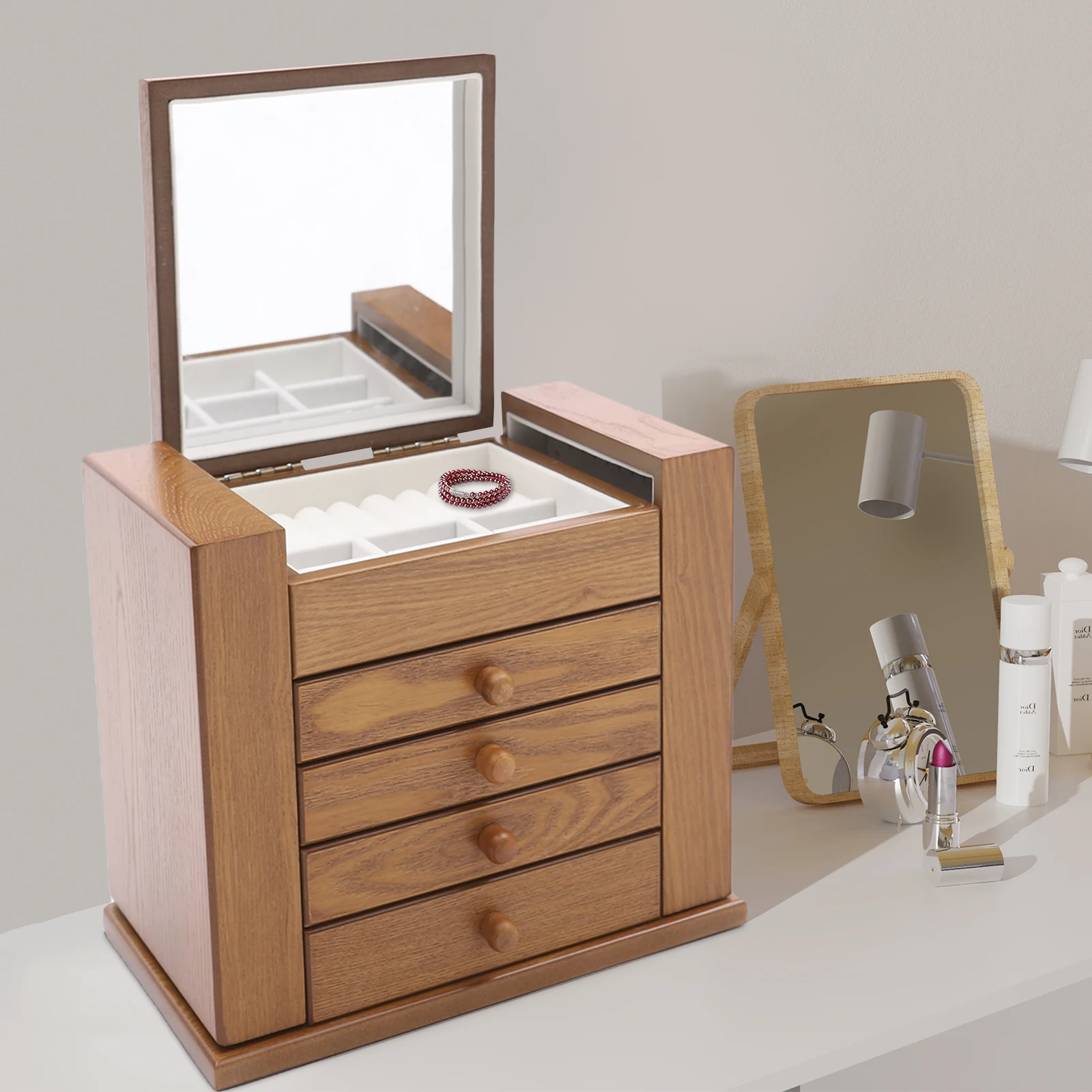 

Jewelry Box with Multiple Compartments & 4 Drawers, Compact Storage Organizer with Mirror, Elegant Design