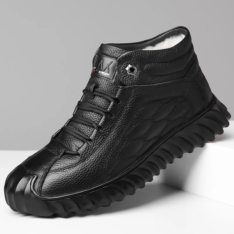 Men's Warm Winter Ankle Boots High Top Thick Fur Lined Leather Shoes Non‑Slip Wave Sole Lace‑Up Casual Weather Male Footwear