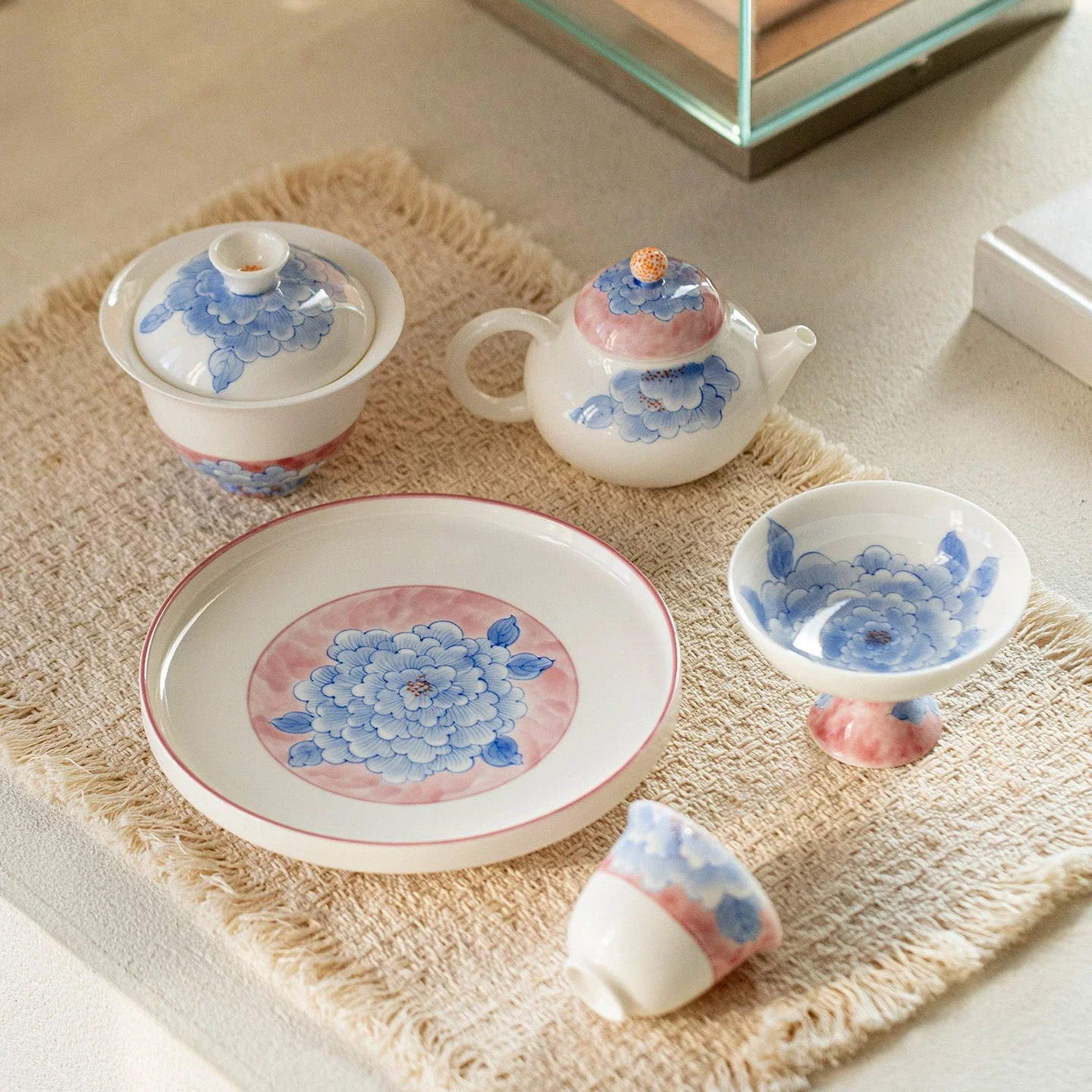 National Hand-painted Blue and White Grace Peony Literati TeaSet Collection Kung Fu Tea Set Teapot Cover Bowl Teacup Pot Holder