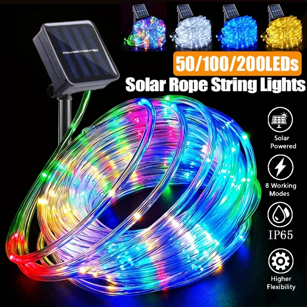 1PC 50/100/200LED ソーラーチューブライト、8モード屋外ライト、庭、裏庭、パティオ、デッキ、パーティー用の柔軟なクリアチューブライト