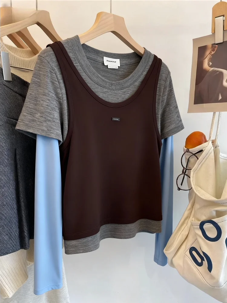 

Dopamine Fashion! Coffee Color Layered Vest Long Sleeve T-Shirt Women's Commute Versatile Slimming Inner Wear Top