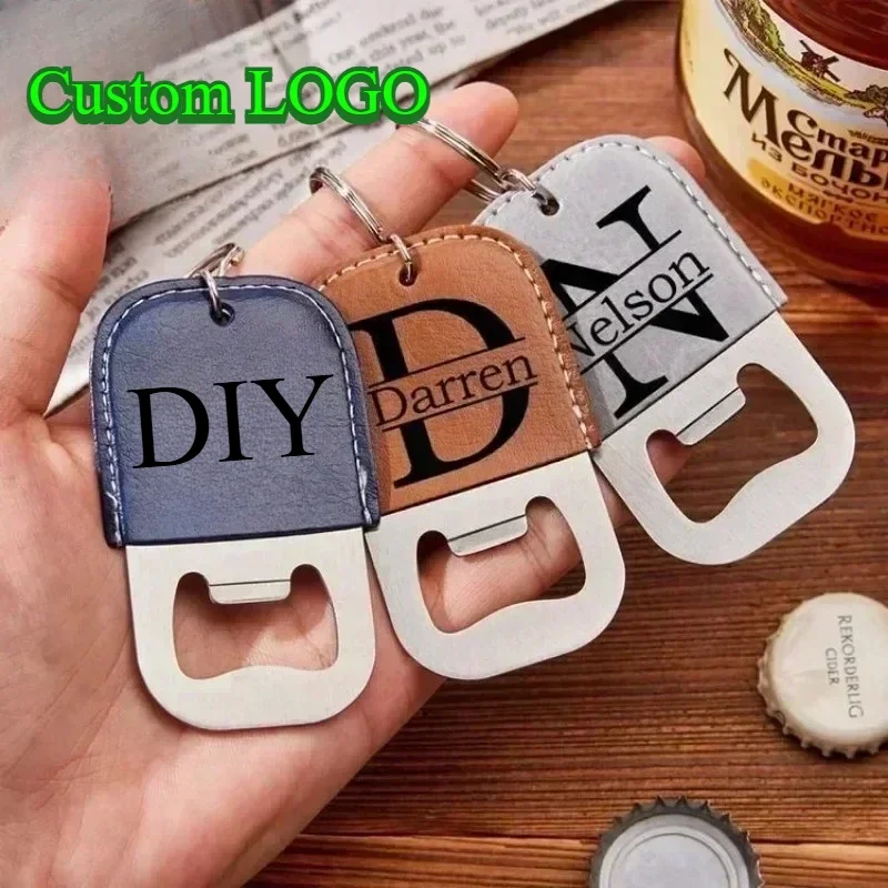 

Custom Logo Name Bottle Opener Leather Keychain Personalized Laser Engraved Stainless Steel Keyring Vintage Car Key Chain Gift