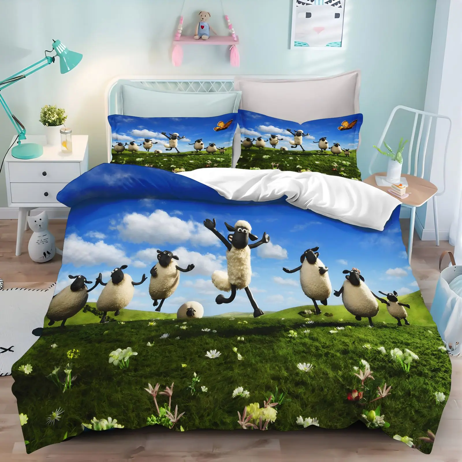 Shaun the Sheep Duvet Cover Set Cute Cartoon Sheep Print Bedding Set Soft Microfiber Quilt Cover for Kids Boys Girls Bedroom