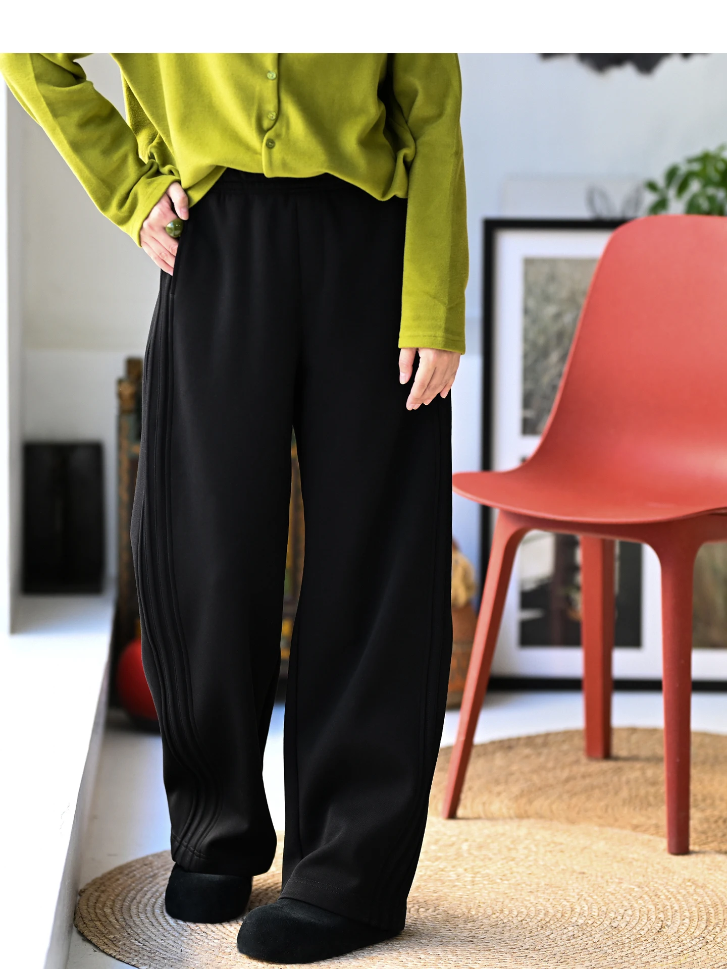 

Bla Fce Lined Casual Elastic Waist Knife Pleat Pants Women Winter Milan Declaration Comfortable Cotton Blend Wide Leg