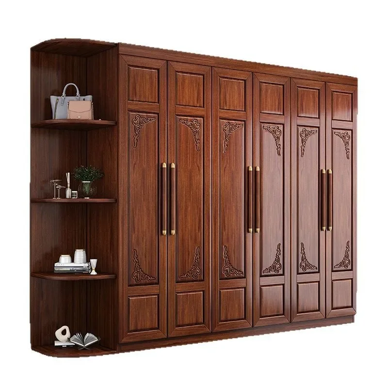 

Golden silk walnut solid wood wardrobe three four five six doors clearance wardrobe luxury home new Chinese wardrobe