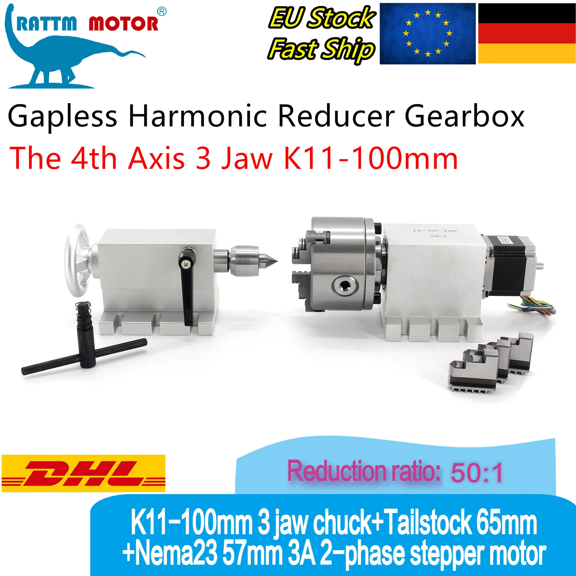 

【EU】4th Rotary axis Gapless Harmonic Reducer Gearbox 3 jaw K11-100mm 50:1 100:1 Dividing Head&Tailstock for CNC ROUTER MACHINE