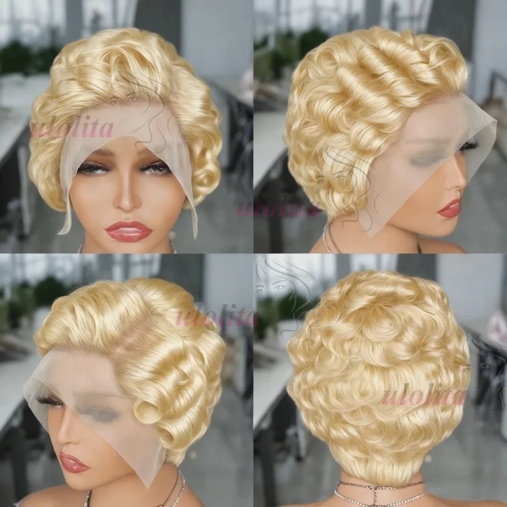 613 Blonde Pixie Cut Kurzer Bob Lockige Wellen Echthaarperücken Schokoladenbraun Kurzer Bob 13x4 Transparente Lace Front Perücken Vorgezupft – Detail 5