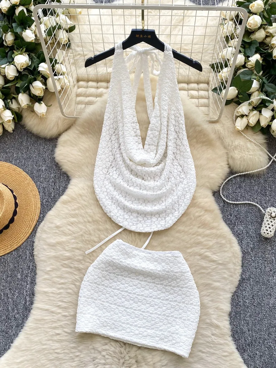 

Foamlina Sexy Hot Girl's Outfit White Halter Strap Cowl Neck Backless Crop Top + Tight Bodycon Half Mini Skirt Two Piece Set