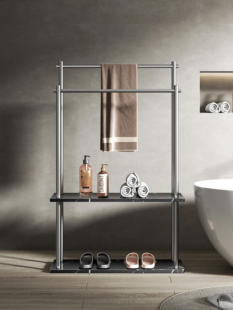 Solid thickened floor to ceiling marble bathroom shelf, bathroom towel rack, bathtub towel rod, clothes and hat hanger