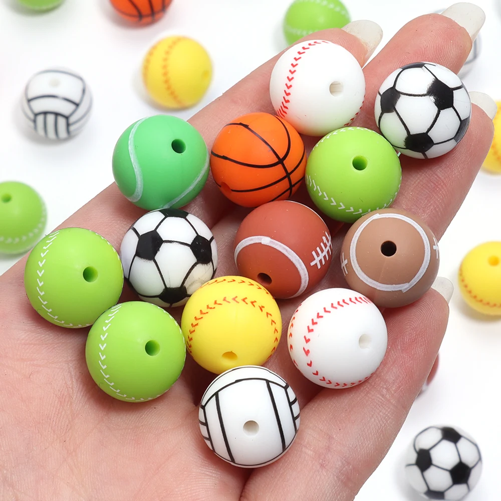 5pcs/lot 15mm Colored Silicone Round Beads Football Basketball Rugby Printed Loose Spacer Beads For DIY Charms Bracelet Necklace