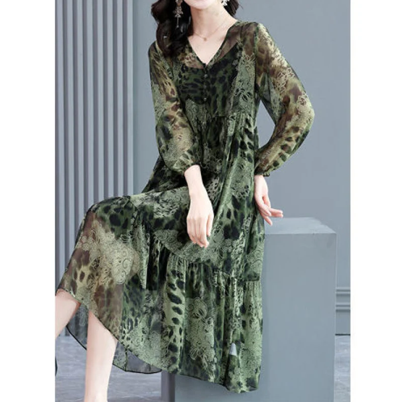 Vintage Elegant Leopard Print Button Two Piece Sets Dresses Autumn 2022 New Wrist Sleeve V-Neck Loose Midi Dress Ladies Clothing