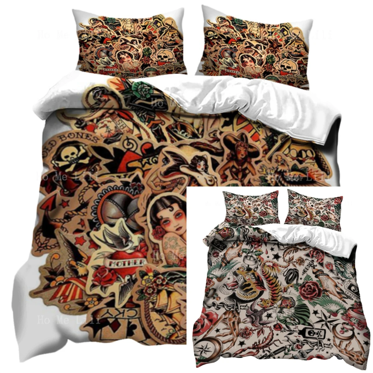 Retro Colored Tattoo Flower Arms Sexy Girl Forest Patchwork Pattern Duvet Three Piece Bedding Set