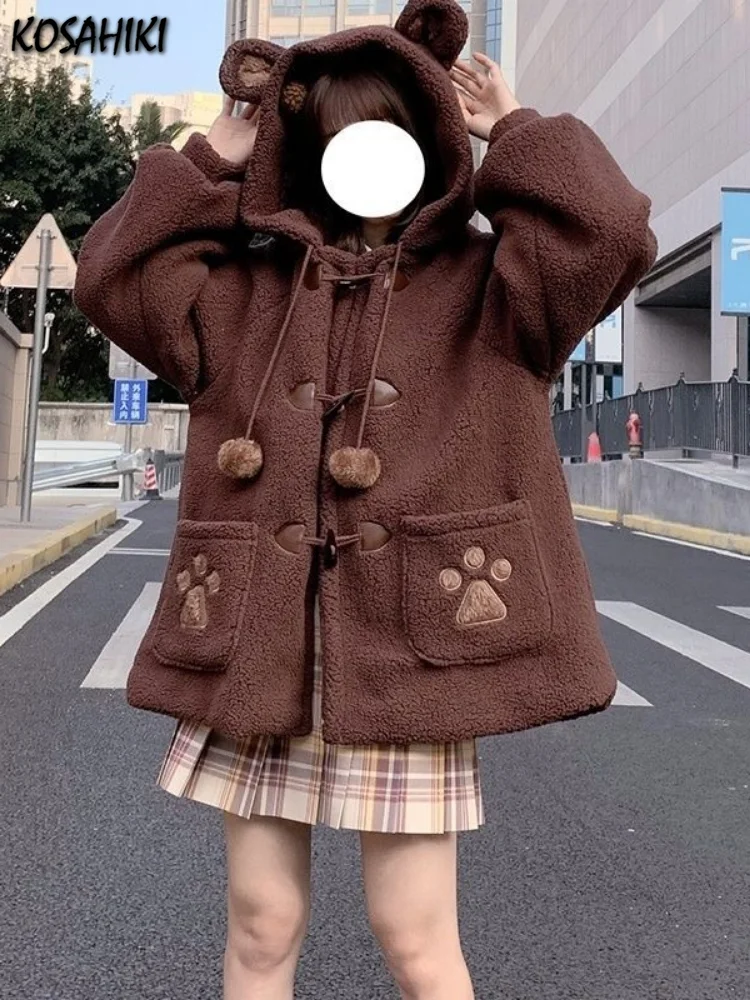 KOSAHIKI Japanese Style Autumn Winter Women Sweet Lamb Wool Jacket Kawaii Soft Bear Ears Hooded Coats Girls New Cute Outwear