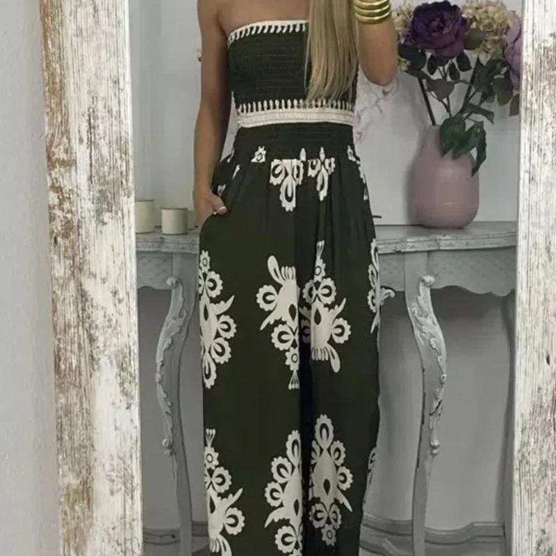 2024 여성 여름 신상 스플라이스 랩 체스트 프린트 하이웨이스트 포켓 폴드 패션 민소매 미니멀리스트 캐주얼 점프수트