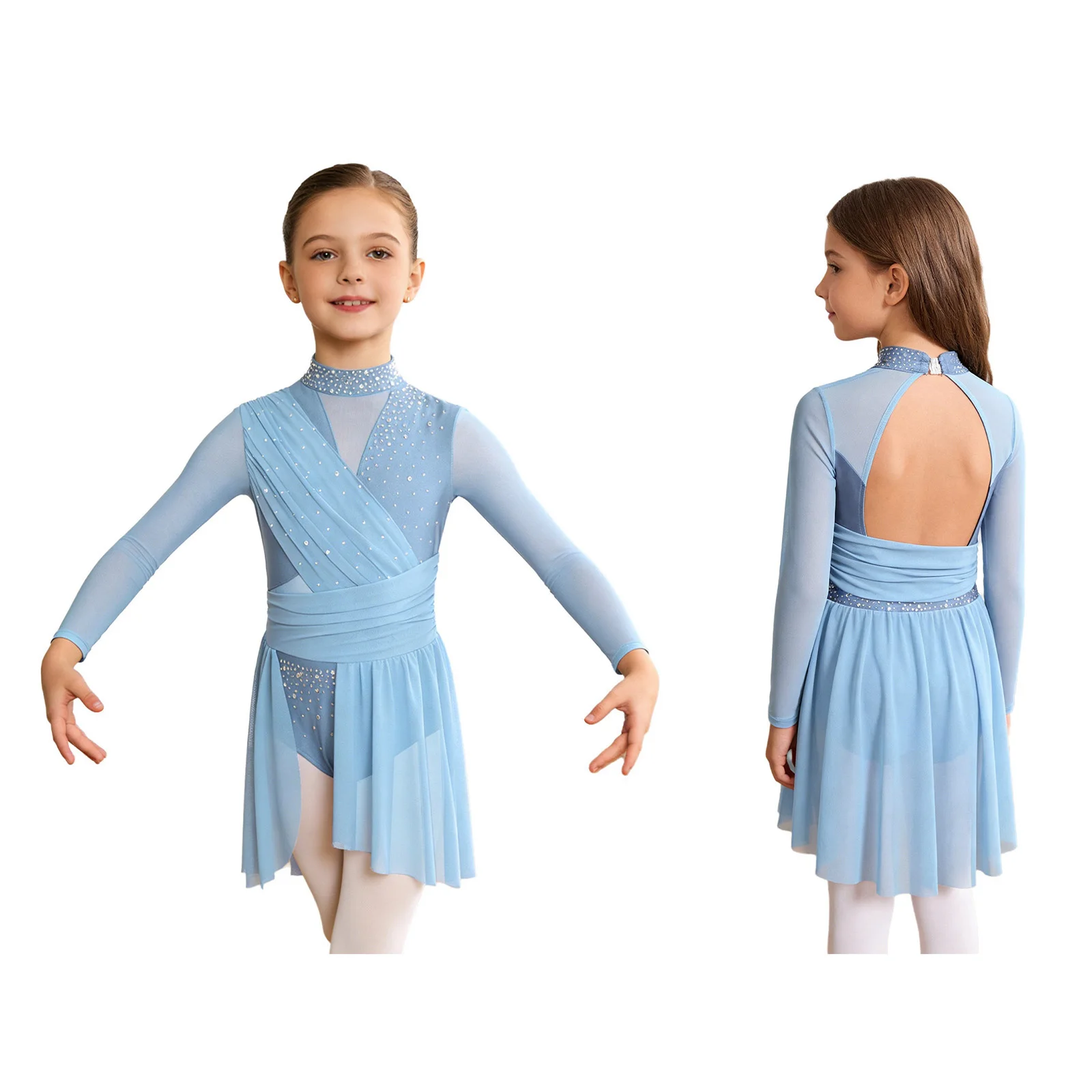 Kinder Mädchen Lyrisches Tanzkostüm Langarm Split-Kleid mit Transparentem Netzstoff Glitzernde Strass-Verzierung Eiskunstlauf Ballett Gymnastik Trikot