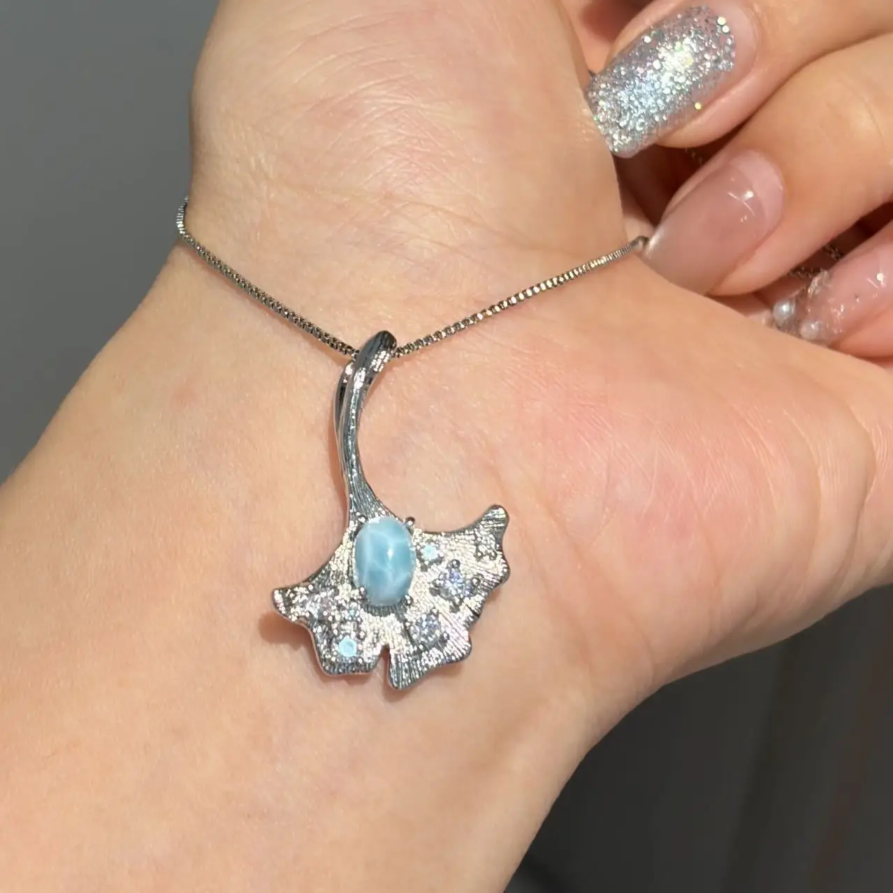 Natural Blue Opal Ginkgo Leaf Necklace Crystal Pendant Minimalist Versatile Daily Jewelry For Women