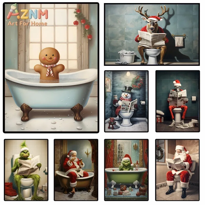 Christmas Cute Snowman on Toilet Santa Gingerbread Monster Poster and Prints Canvas Printing Wall Art Picture for Bathroom Decor
