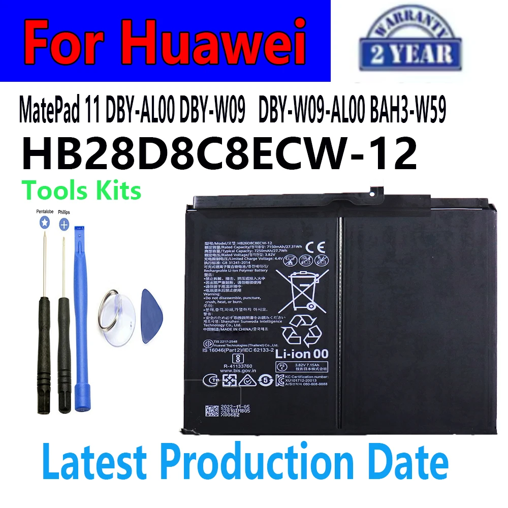 

For Huawei Battery 3.82V 7250mAh 27.2Wh MatePad 11 DBY-AL00 DBY-W09 DBY-W09-AL00 BAH3-W59 HB28D8C8ECW-12 +Tools