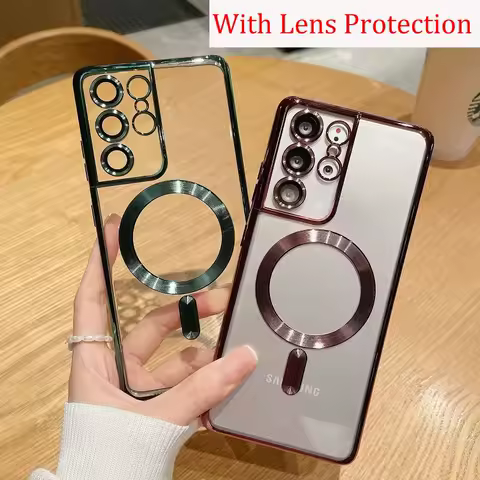Luxury Transparent Plating For Magsafe Case For Samsung Galaxy S22 S23 S21 Ultra Plus Wireless Charge Silicone Clear Cover Cases