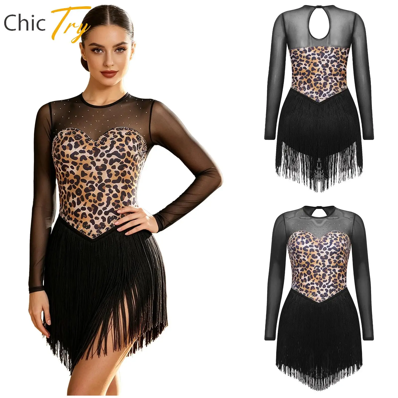 Women Latin Dance Costume for Adults Ladies Leopard Print Long-sleeved Short Skirt Cha-cha Swing Dance Stage Performance Costume