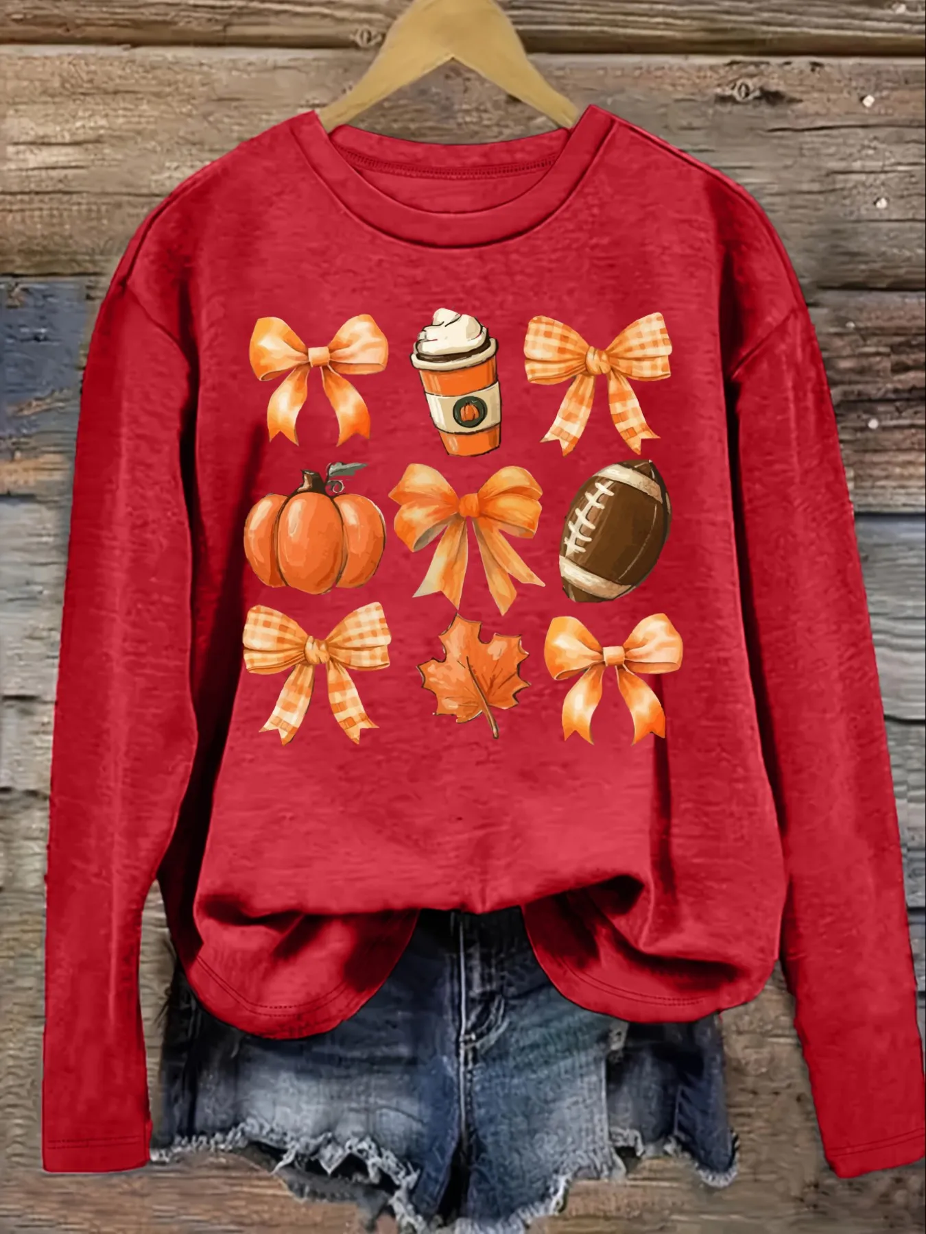 Women's Casual Long Sleeve Crew Neck T-Shirt Pumpkin Bowls Coffee Football Leaves Design, Round Neck Women's Clothing, Machine Washable, Slightly Elastic, Loose Fit, Spring Autumn Winter Women's T-Shirt, Halloween Costume Outfit view 4