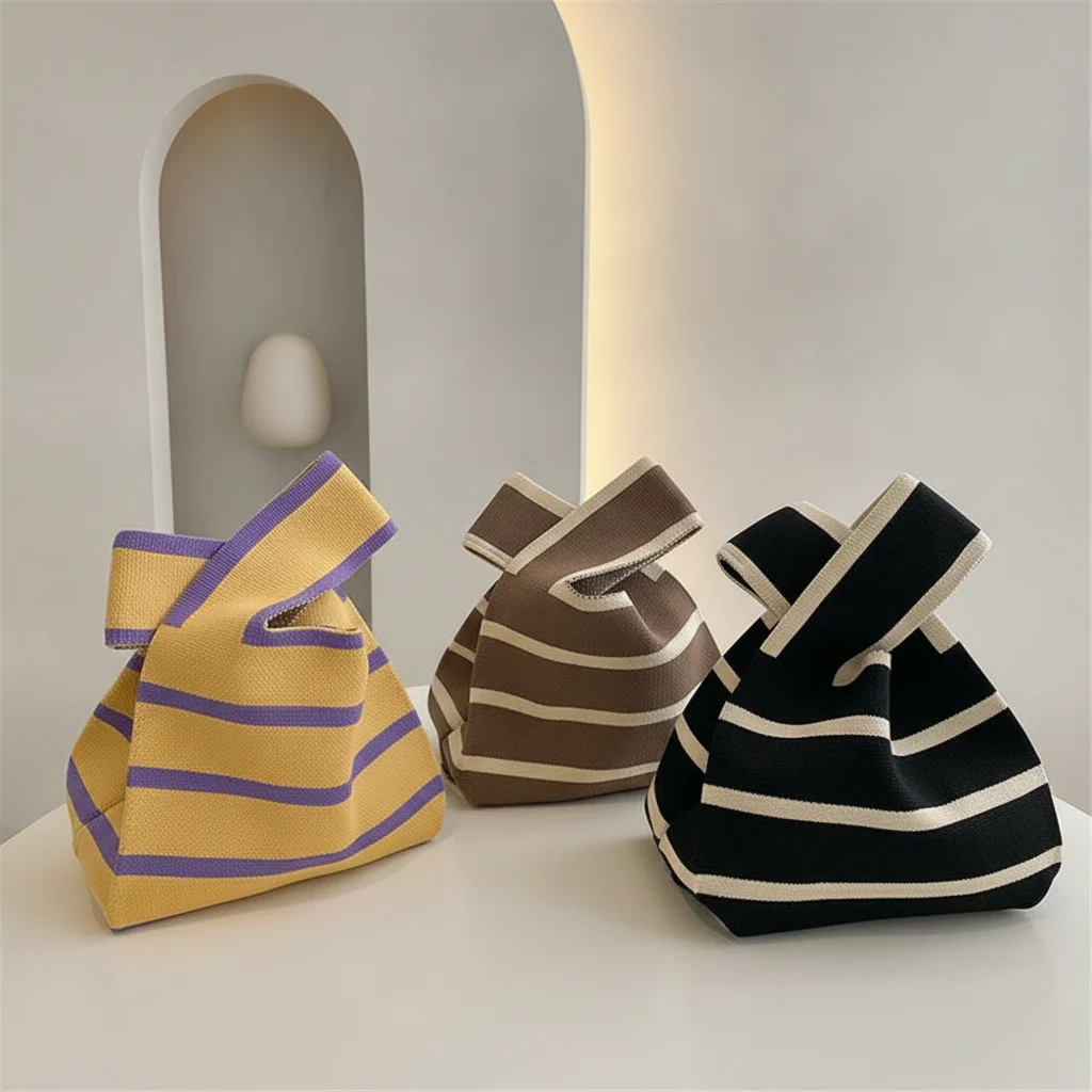 Handmade Knit Plaid Wide Stripe Knot Wrist Tote Bag Casual Shopping Handbag for Women Students Daily Portable Fashion Storage