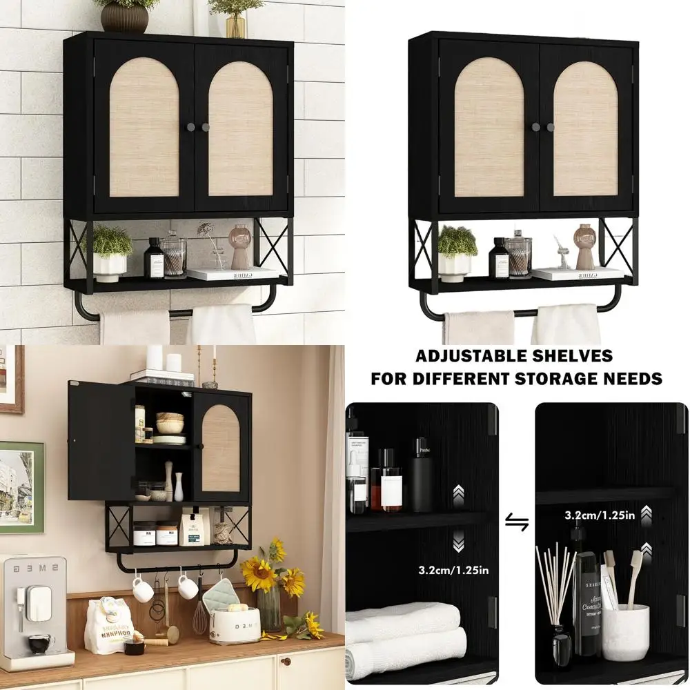 

Medium Black Rattan Bathroom Wall Cabinet with Arched Doors, Over-the-Toilet Storage, Adjustable Shelves & Towel Bar
