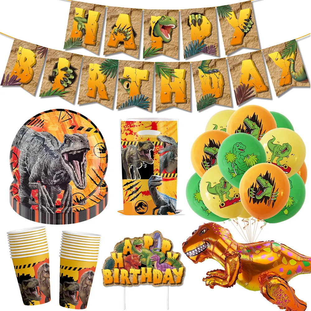 Dinosaurier Thema Party Banner Geschirr Teller Tassen Kuchen Topper Dinosaurier Folie Ballon Jungen Geburtstag Party Baby Dusche Dekor – Detail 1