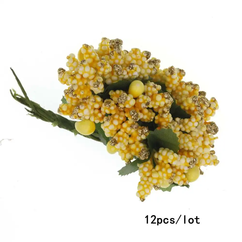 Yellow Artificial Flowers Fruit Cherry Stamen Berries Bundle DIY Cake Christmas Wedding Party Gift Box Wreaths Home Decor